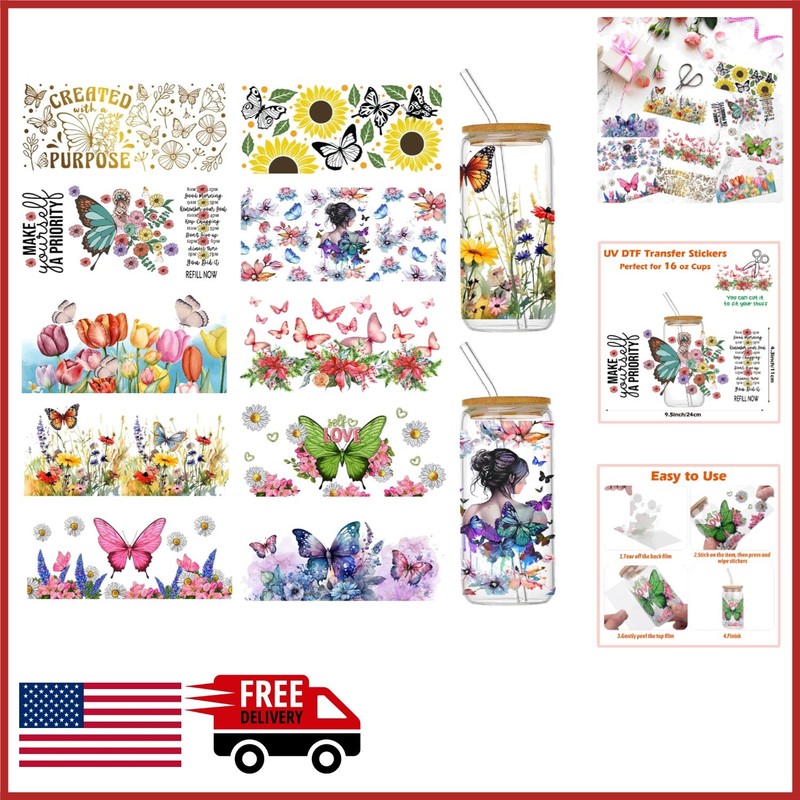 Colorful Butterfly DTF Cup Wraps for 16 oz Glass Cups – 10 Count Craft Transfers