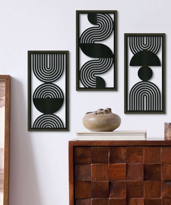 3 PCS Modern Minimalist Black & Gray MDF CutOut Geometric Line Wall Art Panel gallery