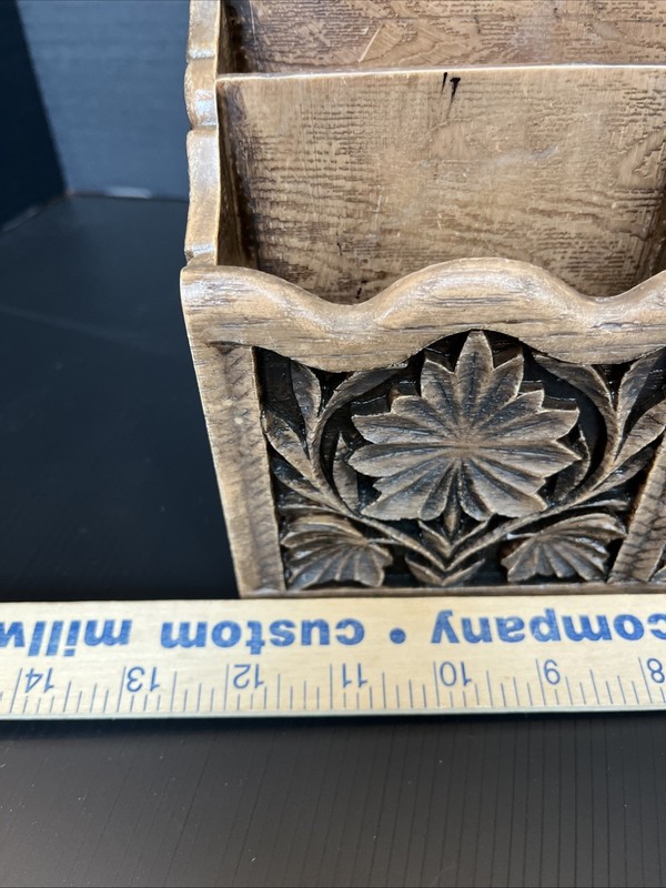 Vintage Lerner Carved Faux Wood Letter Holder Mail Organizer Storage Desk Caddy gallery