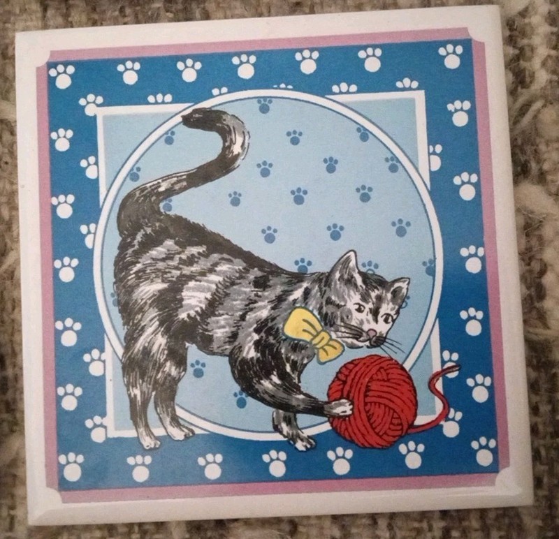 VTG Ceramic Cat Tile Trivets Coasters Wall Hanging Kitsch Kitchen Decor Set Of 4 gallery