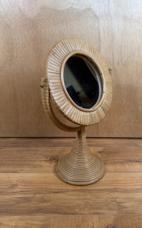 VTG 70s Wicker Rattan Swivel Table Vanity Makeup Mirror Bohemian MCM Mid Century