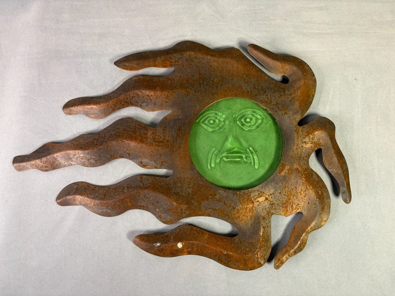 Rustic Steel Sun Wall Art with Green Embossed Glass Face 17x12 gallery