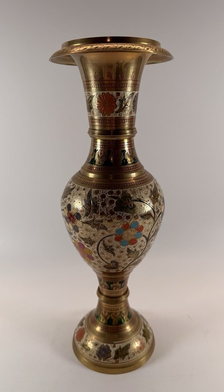 Vintage Brass Enamel Floral Vase 12” Hand Painted Etched India Decor