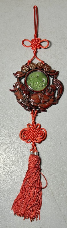 Chinese Resin Faux Jade Happy Buddha Wall Hanging Green Dragon Red Tassel Decor