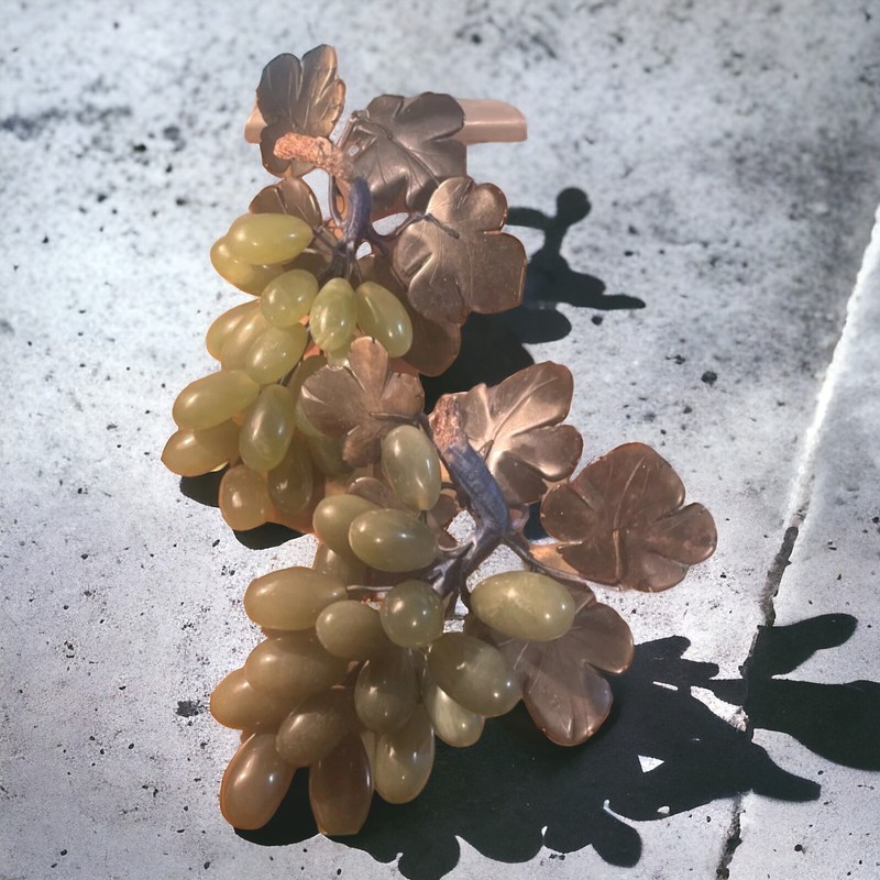 2 Bunches of Vintage Green Jade Grapes with Dark Green Leaves Poseable Stone