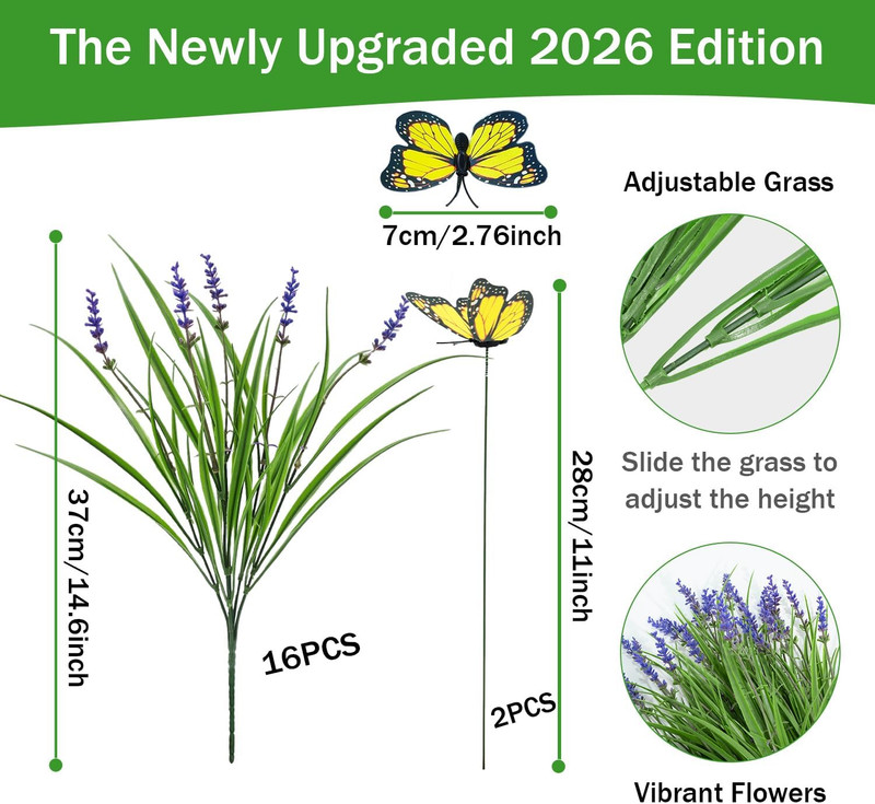16 Bundles Artificial Outdoor Plants and 2 Pcs Butterfly Stakes Fake Monkey Gras gallery