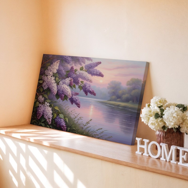 Purple and white lilac flowers with river sunset landscape canvas wall art print gallery