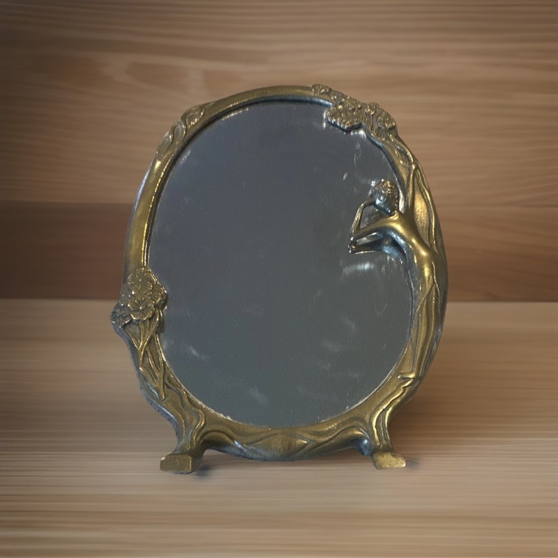 Art Nouveau Solid Brass Ornate Lady of the Lake Framed Oval Vanity Tabletop