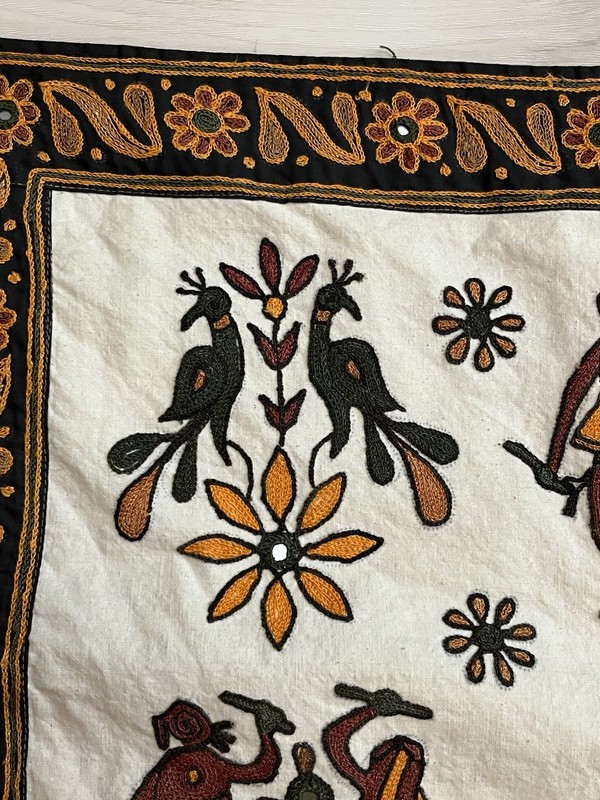 VTG Indian Embroidered Mirror Textile Hanging Folk Art 56x19 Tapestry Banner gallery