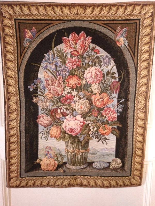 Vintage French Tapestry Floral Bouquet 20X26 in. Flowers Shells Cottagecore