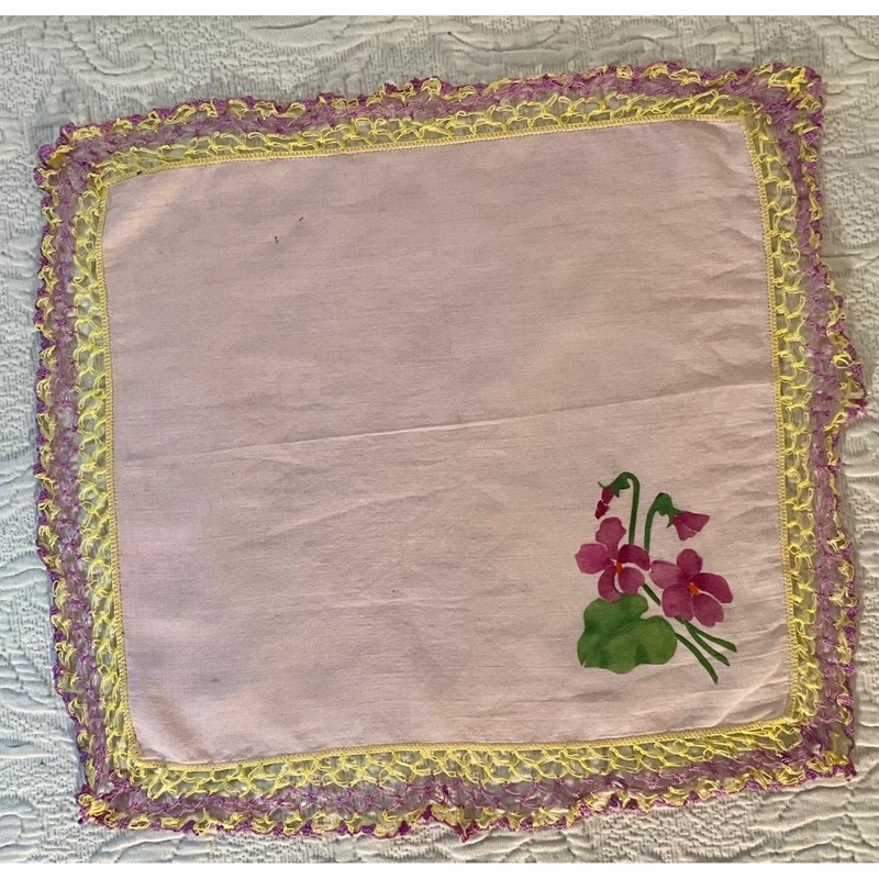 Vintage Purple and Yellow Floral Doily Handkerchief Crocheted Cottagecore