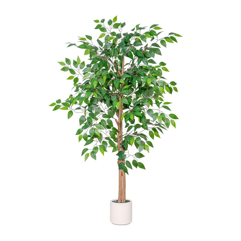 5FT Artificial Ficus Tree with White Planter – Realistic Faux Silk Indoor/Outdoo