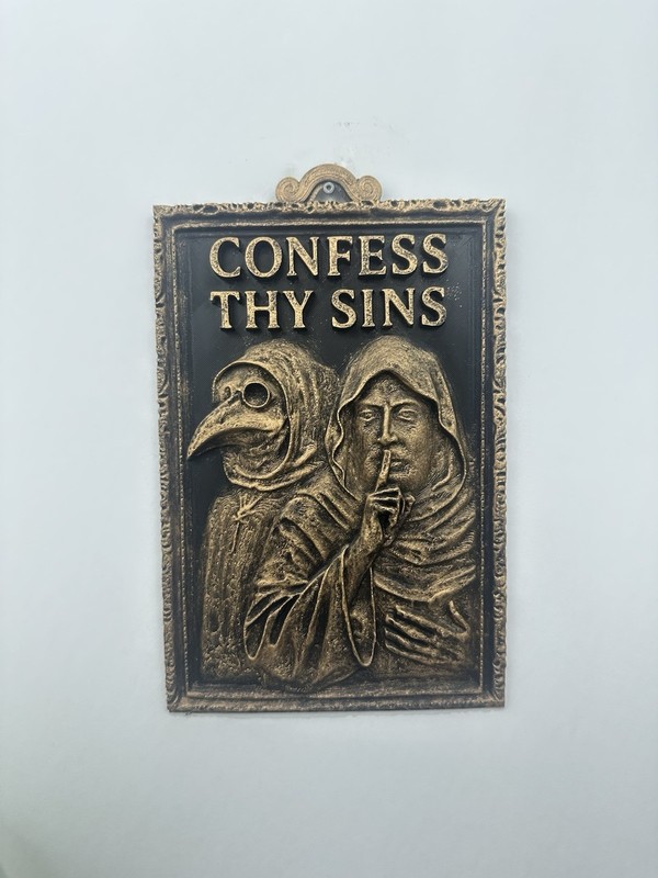 Painted Confess Thy Sins Gothic Medieval Priest Plague Doctor Dark Decor 10”x6”