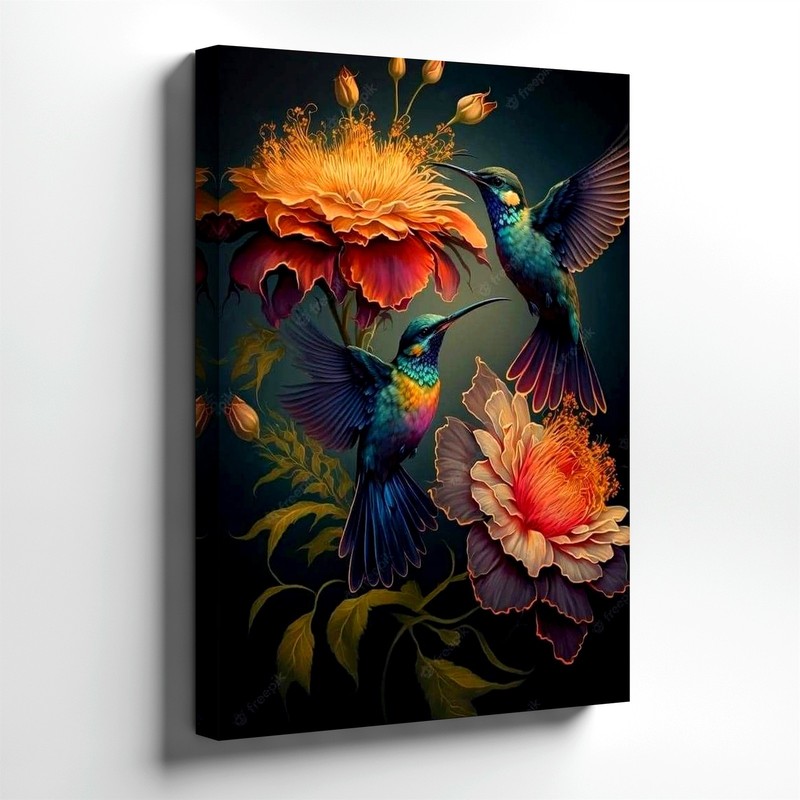 Wall Art Colorful Hummingbird Birds Floral Painting Print Dark Botanical Decor