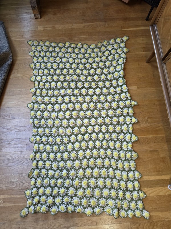 Vintage Crochet Daisy Puff Stitch Afghan Throw Blanket Green Yellow White 62X40 gallery