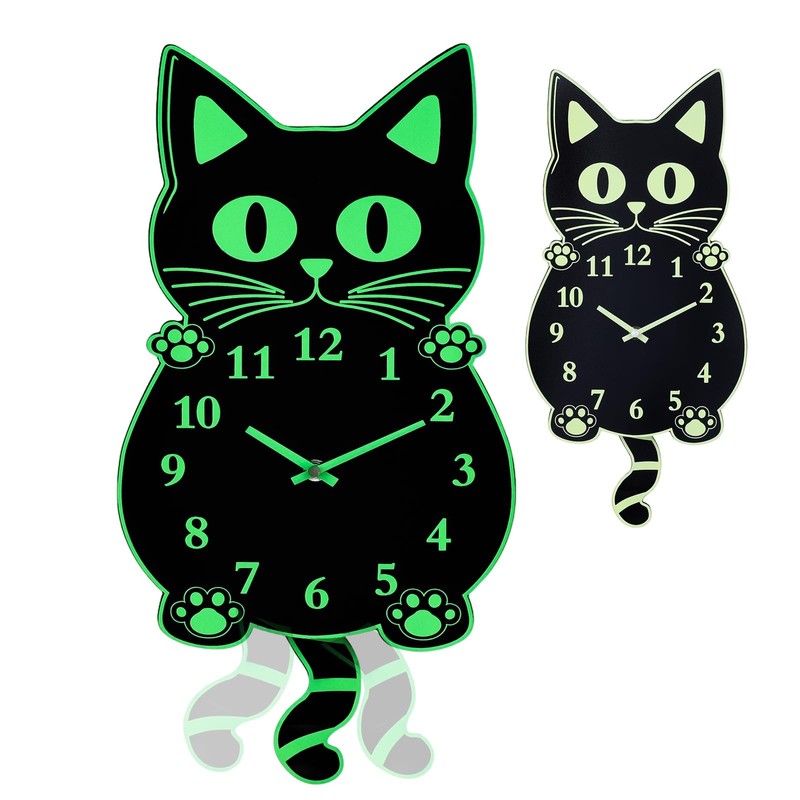 Cat Clock Wall with Swinging Tail Glow in Dark Night Light Funny Cat Clocks f…