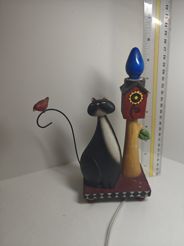 Whimsical Folk Art Wooden Black Cat Birdhouse Figurine Wire Tail W/Bird Lamp