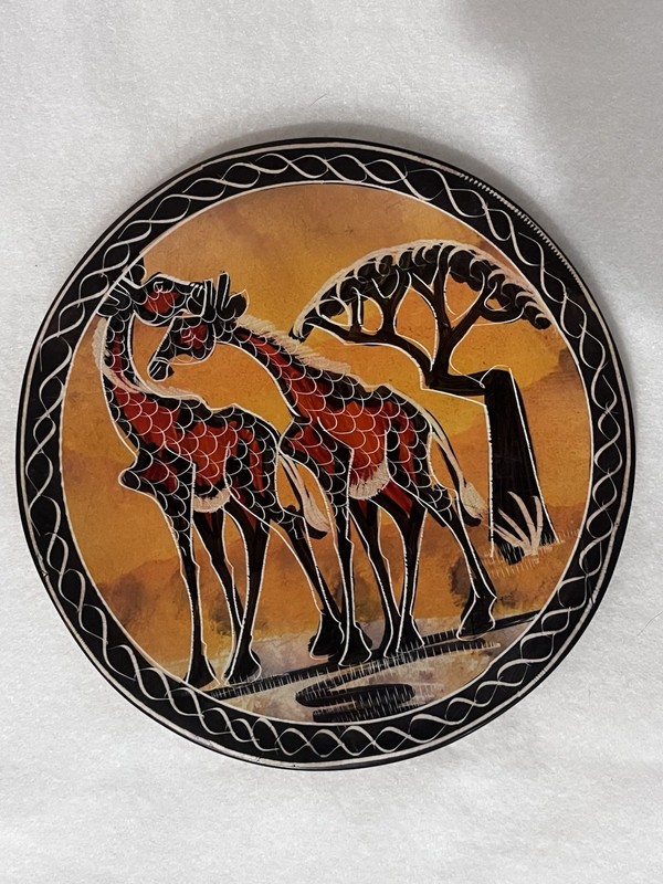 Soapstone Plate African 2 Giraffes And Tree In The Savanna 6” Hand Carved Kenya