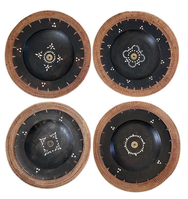 4 VTG 11.5" Hand-Made Shell & Coin Inlay in Wood Woven Rattan Edge. Chargers. gallery