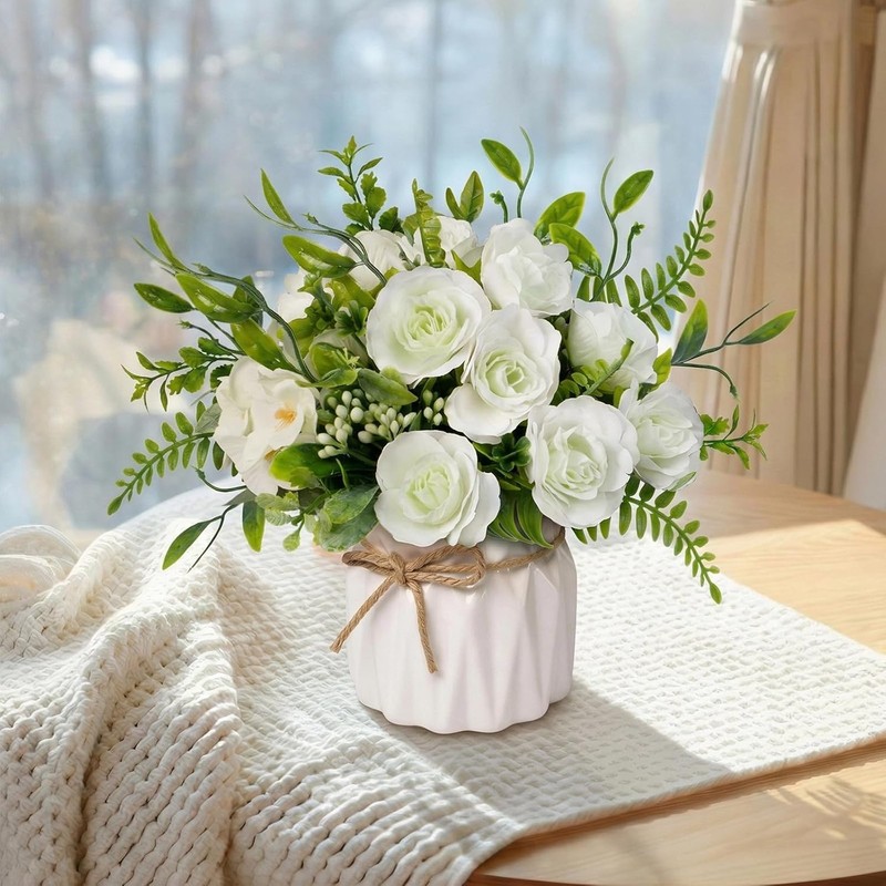Artificial Silk Roses in Ceramic Vase, No Maintenance Faux Flower Arrangement gallery