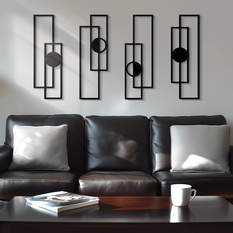 Abstract Black Metal Wall Art Set of 4, Large Modern Geometric Wall Decor with 3