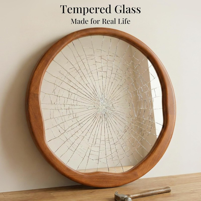 24" Walnut Round Mirror, Retro Mid-Century Solid Wood Frame with Wavy Inner Edge gallery