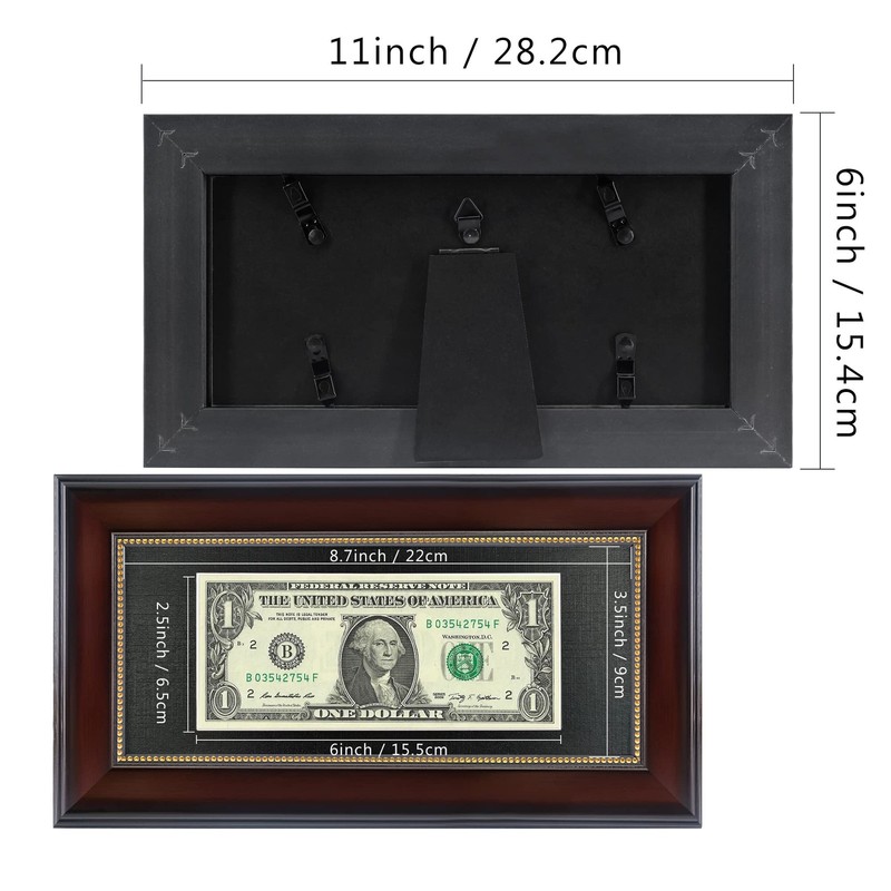 Mahogany Dollar Bill Frame Black Mat or Display 4x9 Picture without Mat,Real gallery