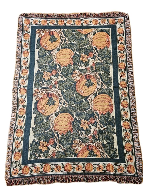 Vtg Woven Tapestry Throw Blanket 68″ Pumpkin Fringe Border Autumn Cottage Core