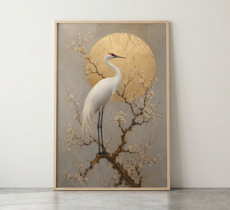 Japanese Crane Wall Art Gold Sun Japandi Poster Cherry Blossom Print