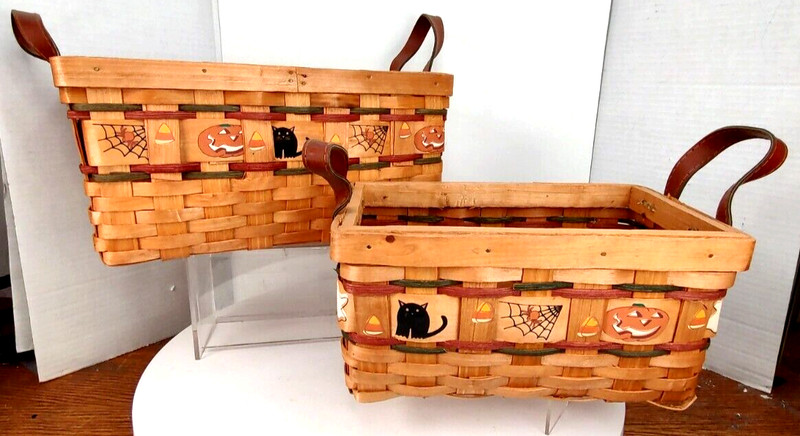 Halloween Set 2/ 12″x8″x6″ & 9.5″ x 6″x5″ Leather Handle Painted Design Baskets