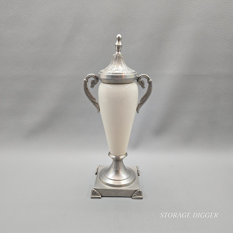 Vintage Ceramic Trophy Urn with Pewter Handles & Lid Tabletop Display