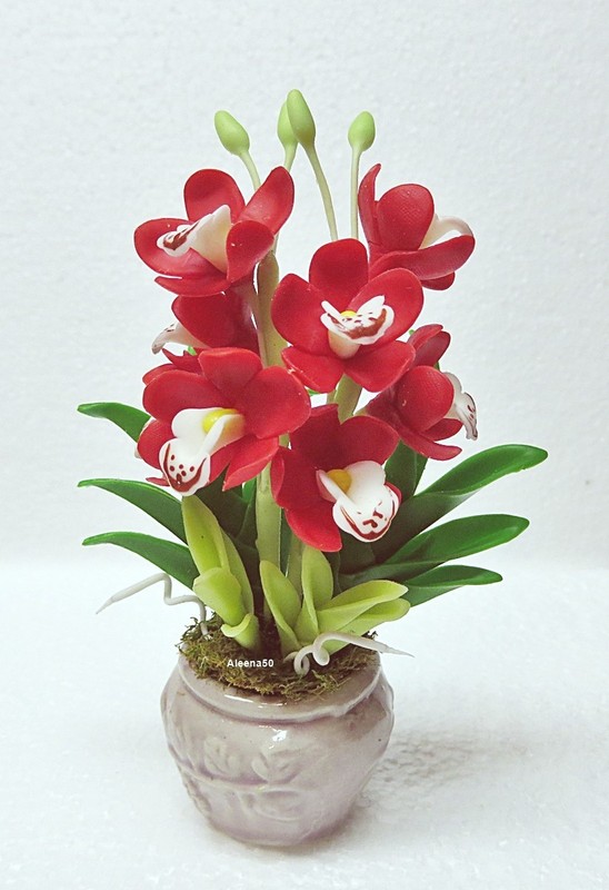 US Stock 4"H Handmade Air-Dry-Clay-Crafted Cymbidium Orchid Arranged in Pot gallery