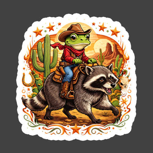 Cowboy Frog Riding Raccoon Sticker Vinyl Decal Western Desert Adventure