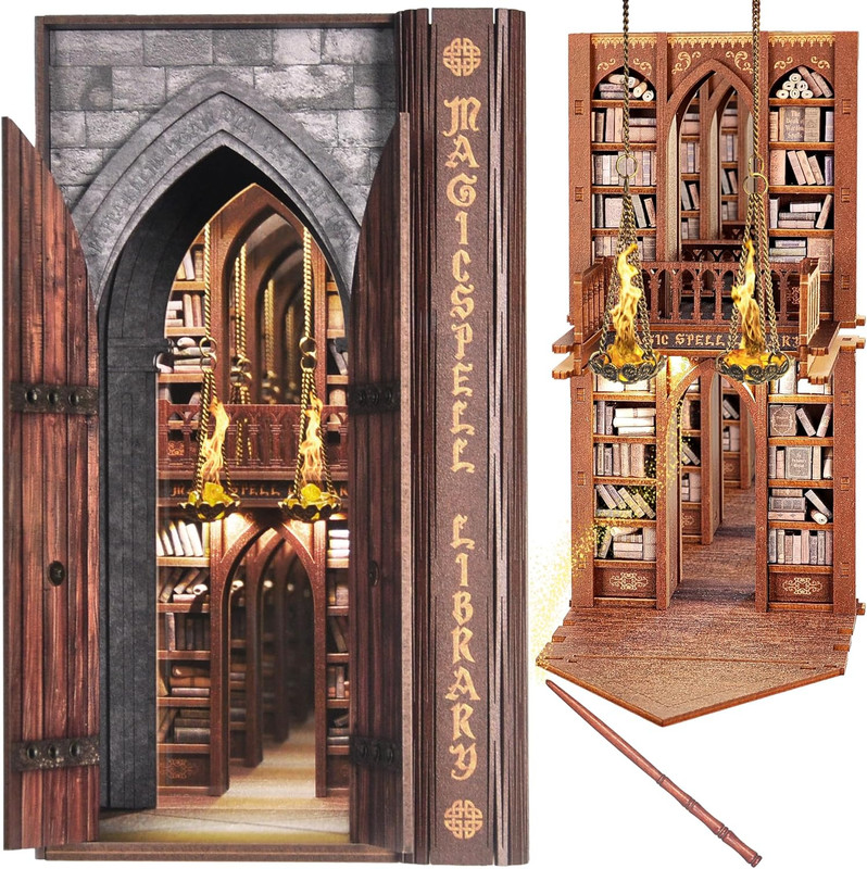 DIY Book Nook Kit for Adults, Infinite Magicspell Library Booknook with Flame Il