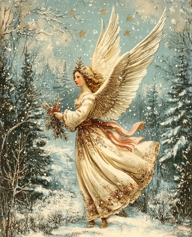 15628.Wall Decor Poster.Interior Art.Victorian Winter Angel Scene Christmas