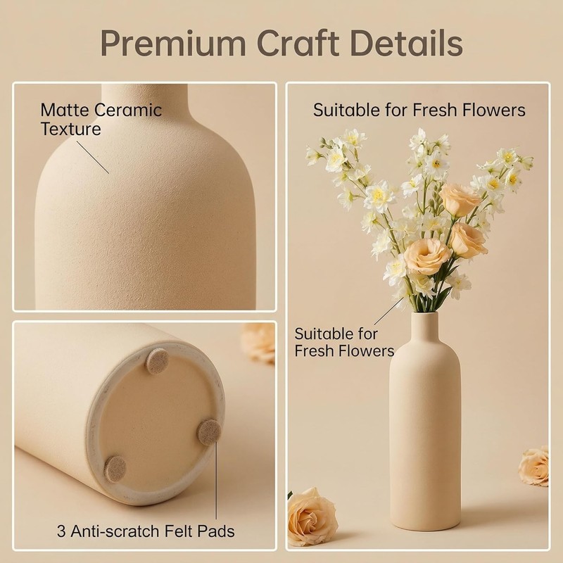 Beige Ceramic Vase Set of 4, Modern Neutral Colors Home Decor, Rustic Farmhouse gallery