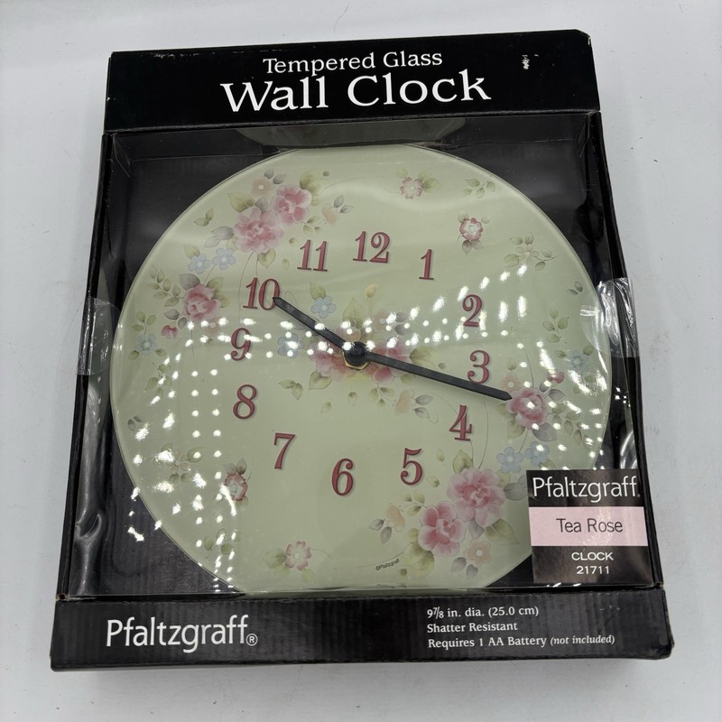 Pfaltzgraff Wall Clock Tea Rose Floral 9 7/8″ Analog 1-12 Tempered Glass 21711