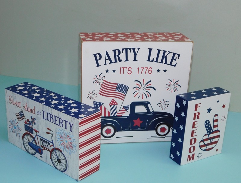 PATRIOTIC WOODEN BOX BLOCK DECOR LOT LIBERTY FREEDOM PEACE 1776 BIKE TRUCK STARS gallery