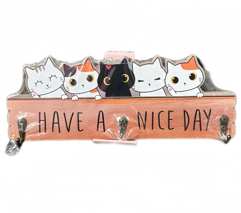 Cute Cat Wall Key Hook Rack – “Have a Nice Day” Wooden Key Holder