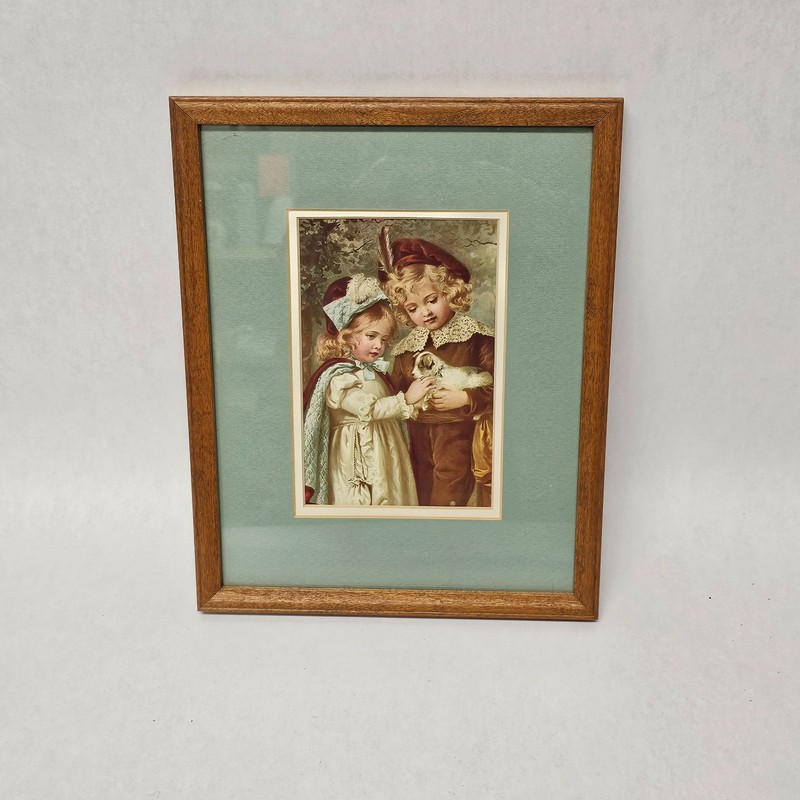 8×10 Victorian Children Vintage Wood Framed Print Girl and Boy Holding Puppy