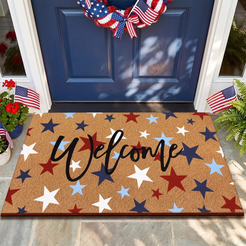 Red Blue White Stars Welcome Doormat, 16 x 29 Inch 4th of July Front Coir Door M