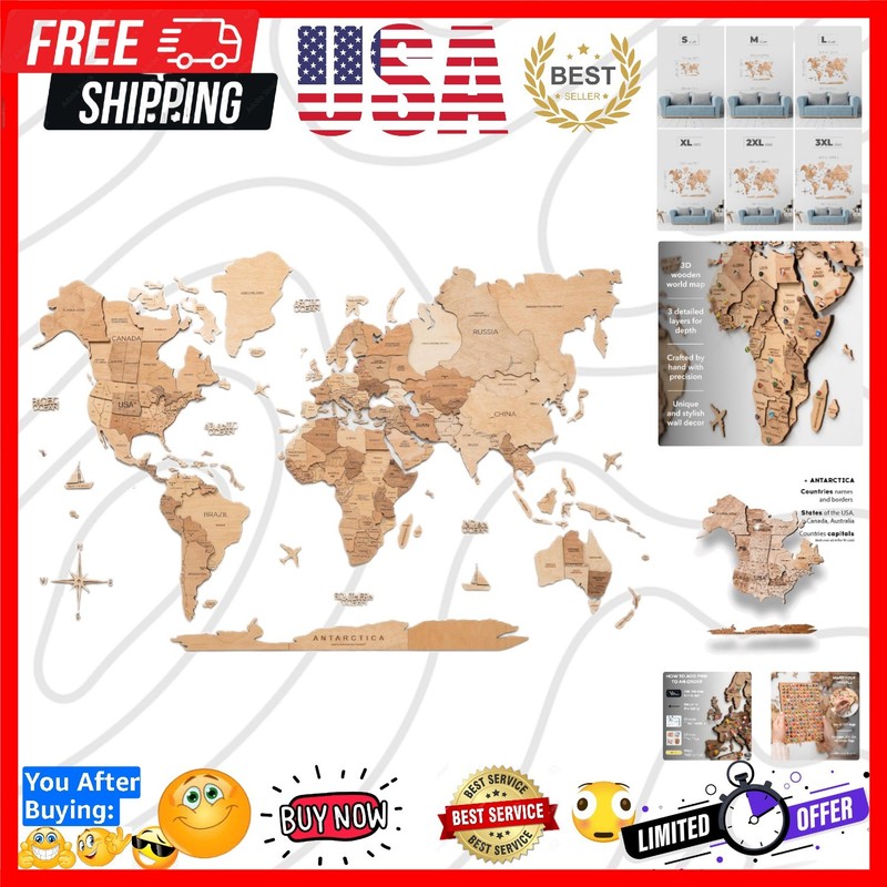 3D Wood World Map Wall Art Large Wood Wall Décor Housewarming Gift Idea Art W…