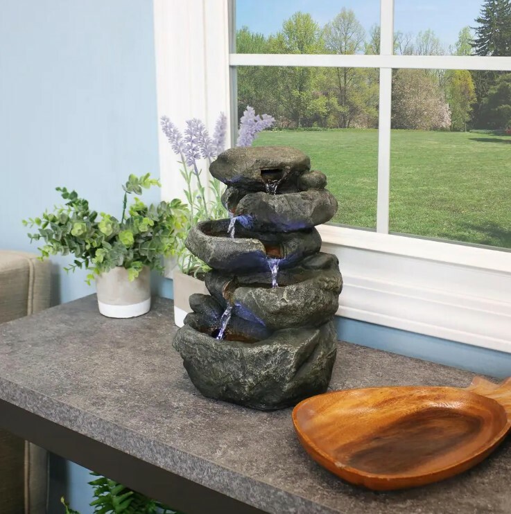 Sunnydaze Decor® Stacked Rocks Tabletop Fount Light Grey w/LED Light gallery