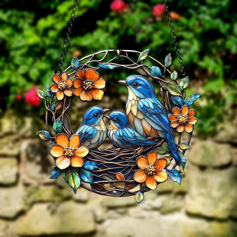 Birds Floral Wreath Acrylic Suncatcher Faux Stained Glass Window Hanging Decor gallery