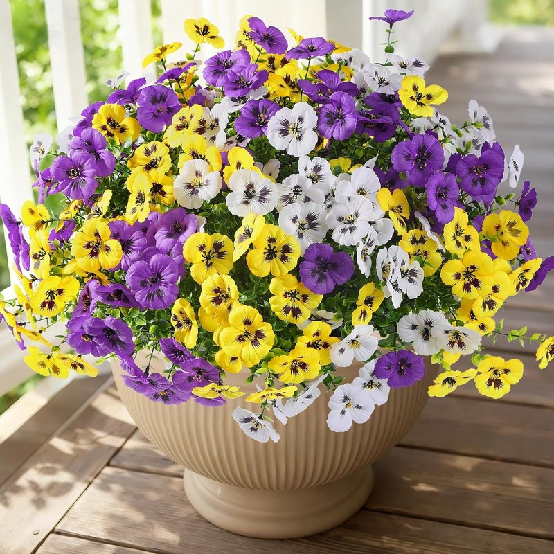 Fake Flowers UV Resistant Realistic Pansies with Eucalyptus Silk