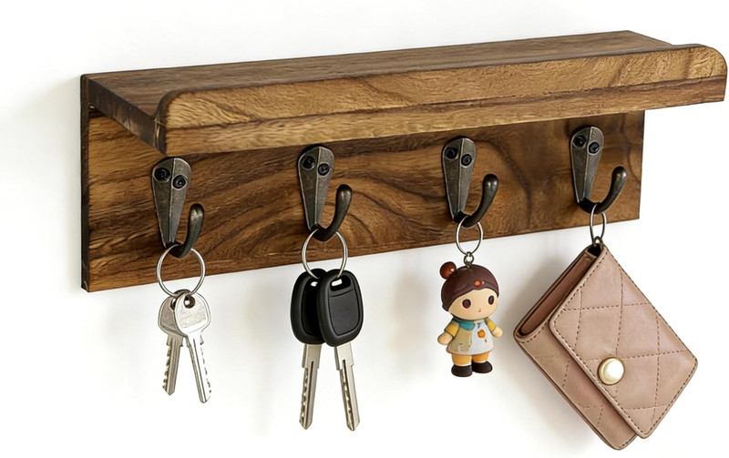 Key Holder Wall Mount, Rustic Wood Key Holder for Wall with 4 Hooks for Key Hang gallery
