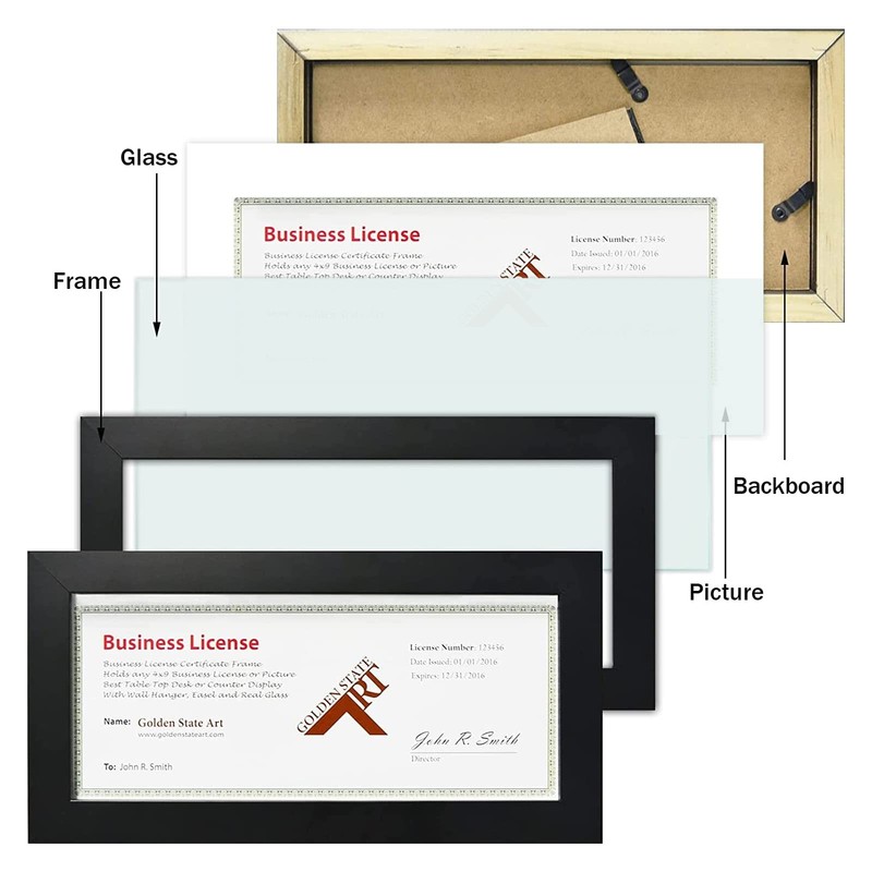 , Wood Frame for 4x9 Business License Certificate with Real Glass & Table-top... gallery