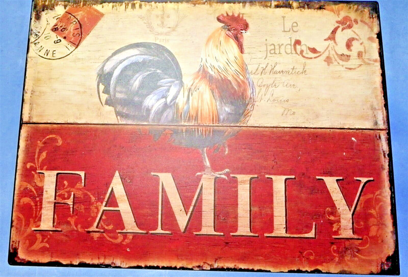 MWW Market “Family” Distressed Metal Wall Sign Plaque with Rooster 13″ x 10″