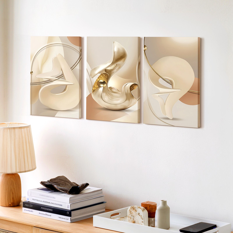 3 Pieces Abstract Sculptural Forms Neutral Tones Large Wall Art for Set Of 3 gallery