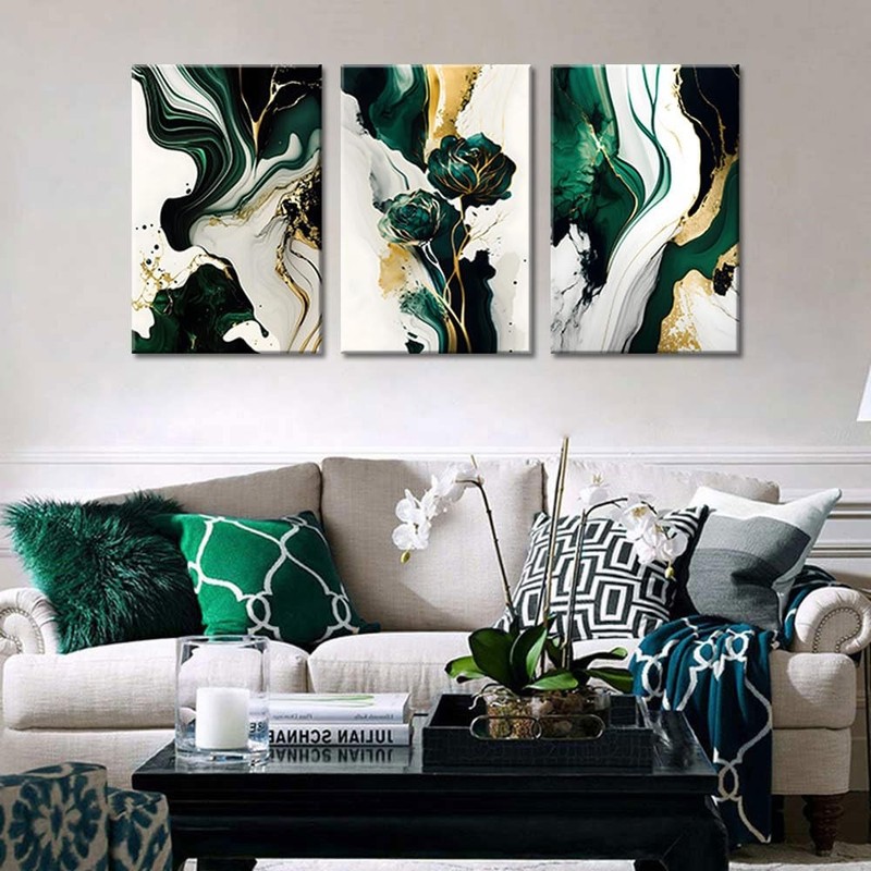 3Pcs Framed Emerald Green Wall Art, Modern Green and Gold Abstract Marble Can... gallery